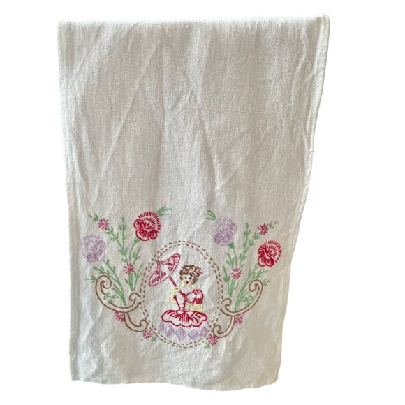 Vintage Table Runner Hand Embroidered Girl with Umbrella & Flowers decor 40" . - Picture 5 of 10